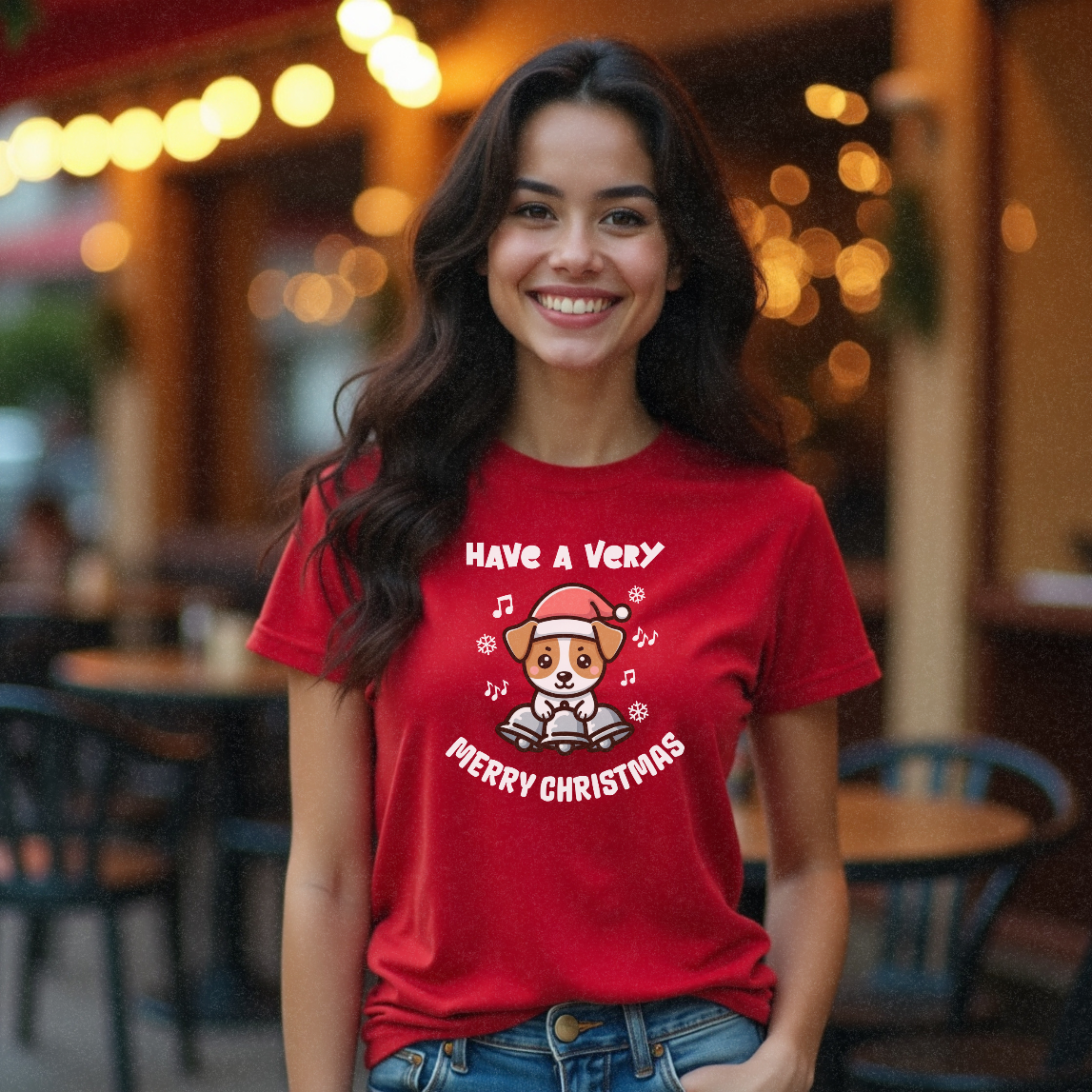 Young female modelling a funny red Christmas t-shirt near a cafe graphic of a pup in a Christmas beanie and Christmas bells below him with the words 'Have A Very Merry Christmas' by Faith Looks Good