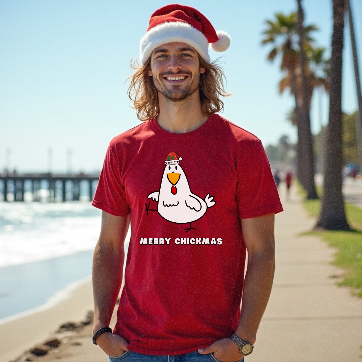 Surfer male in a Christmas hat standing near a pier near the beach wearing a funny red Christmas t-shirt with a graphic of a chicken in a red Christmas hat and the words 'Merry Chickmas' underneath by Faith Looks Good